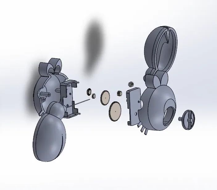 Exploded CAD view of the wind-up toy assembly.