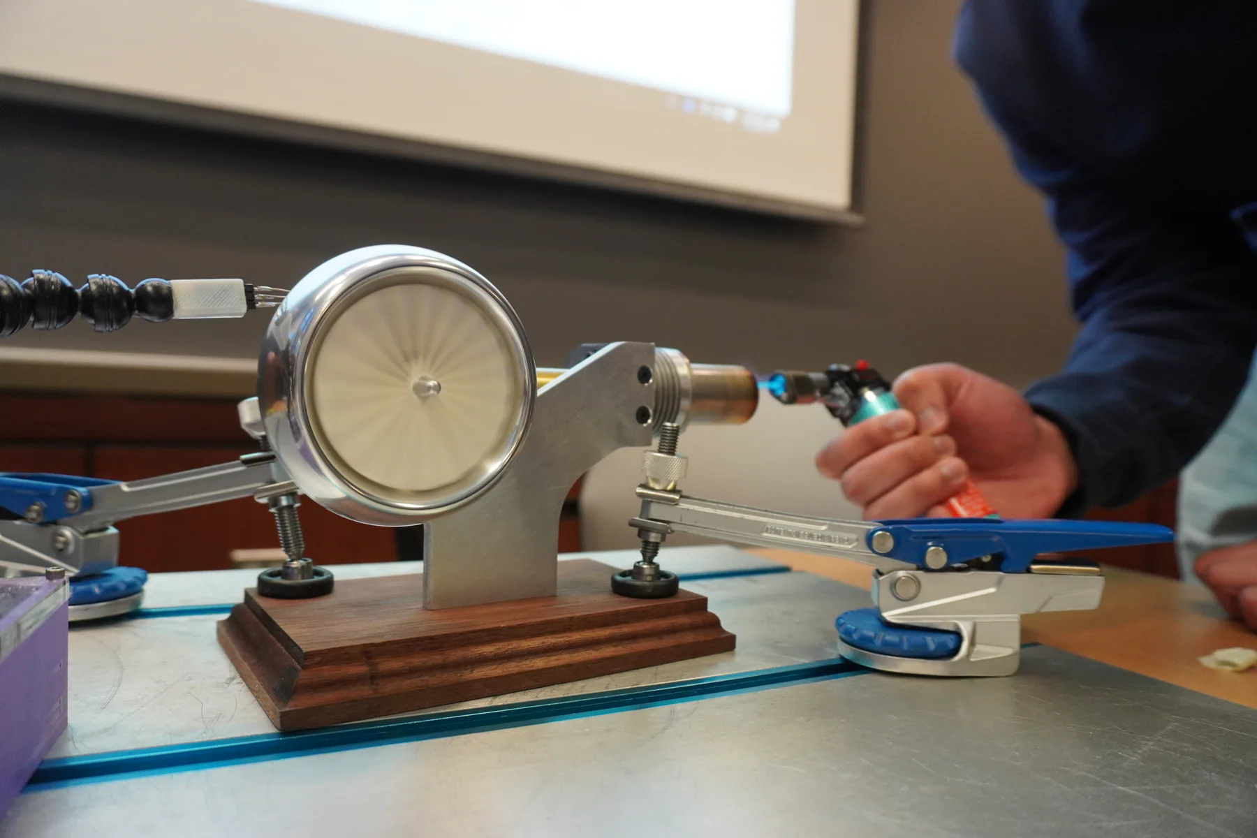 Stirling engine running during a tabletop demonstration.