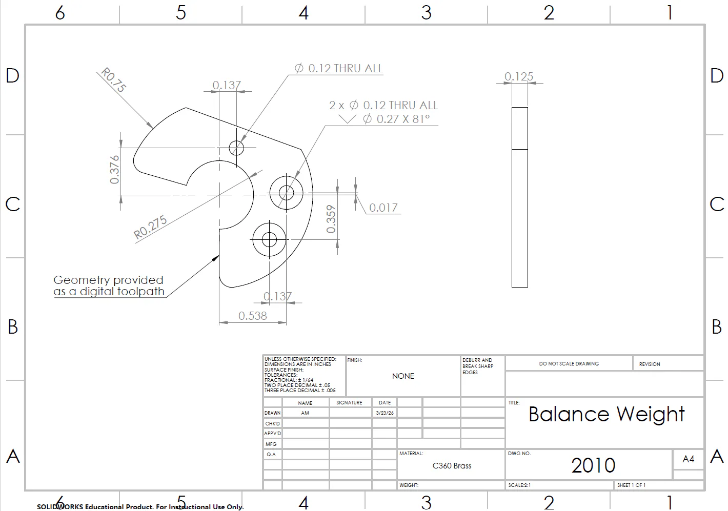 Manufacturing drawing for the engine balance weight.